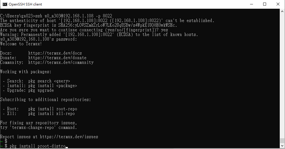 Termux SSH 安裝 proot-distro